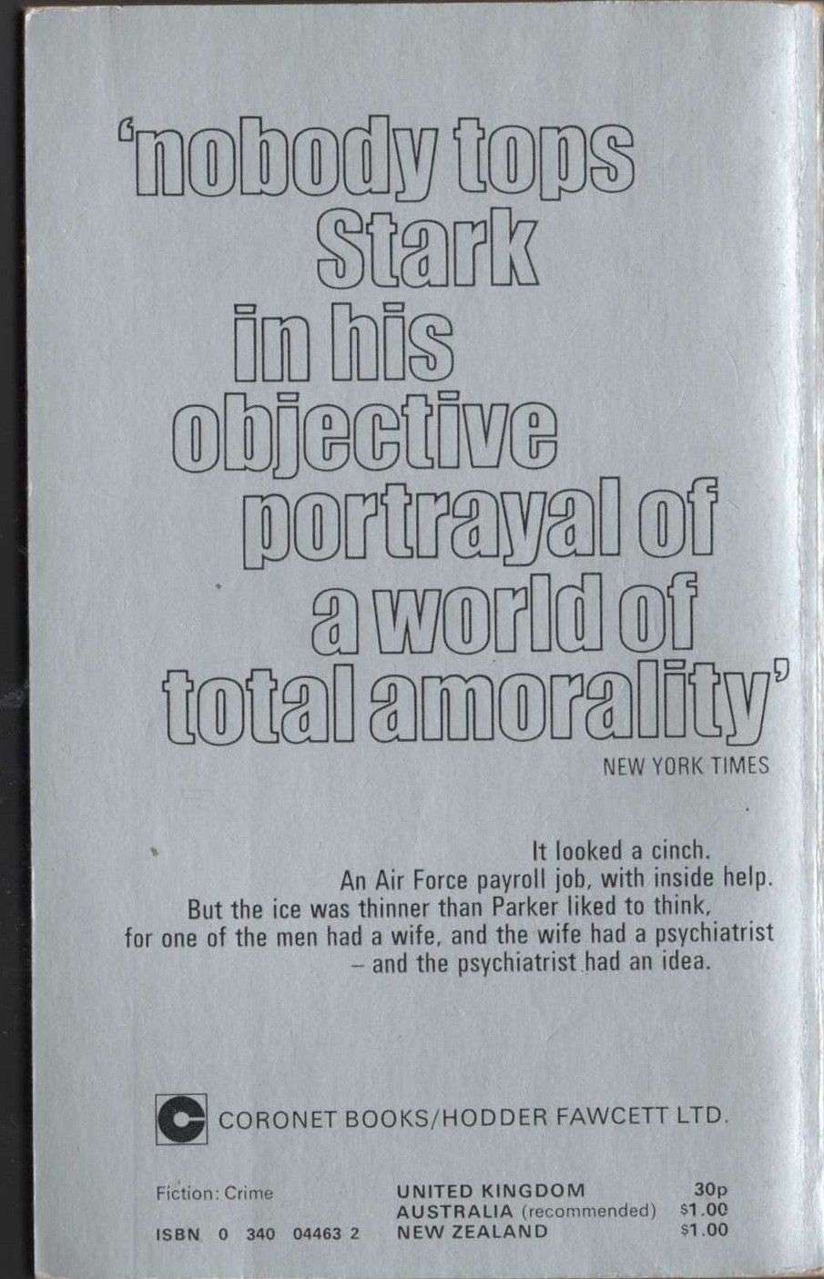 Richard Stark  THE GREEN EAGLE SCORE magnified rear book cover image