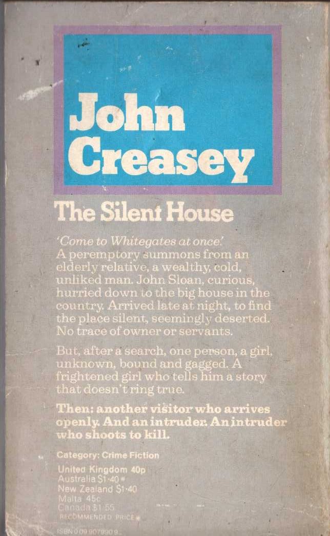 John Creasey  THE SILENT HOUSE magnified rear book cover image