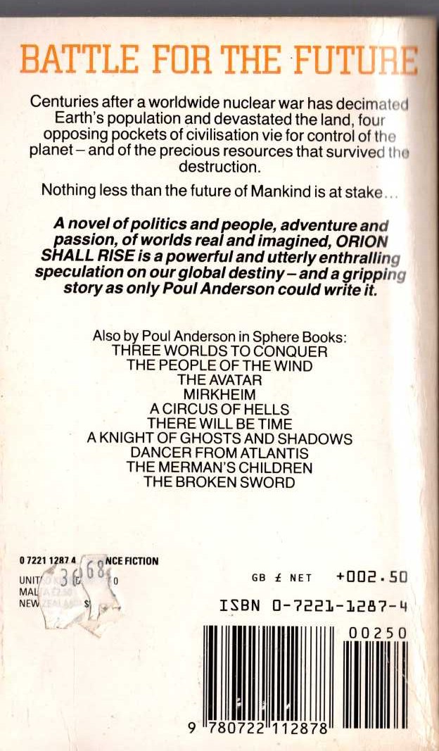 Poul Anderson  ORION SHALL RISE magnified rear book cover image