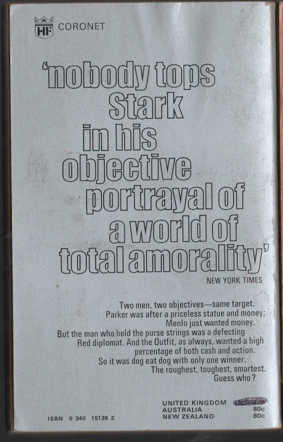 Richard Stark  THE MOURNER magnified rear book cover image