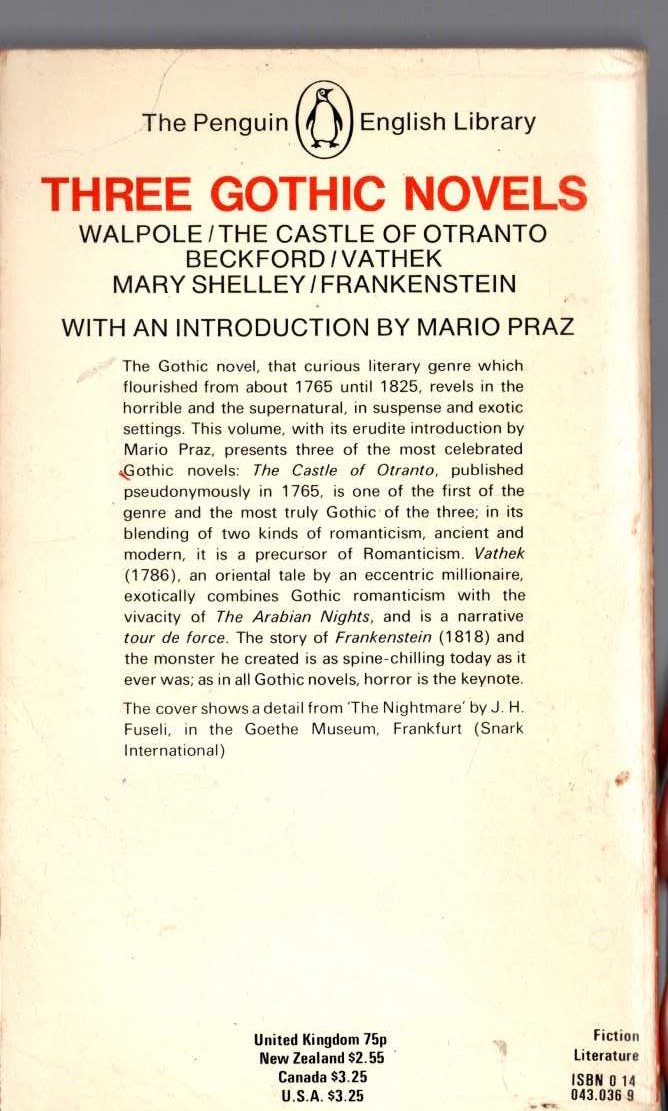 THREE GOTHIC NOVELS: THE CASTLE OF OTRANTO/ VATHEK/ FRANKENSTEIN magnified rear book cover image