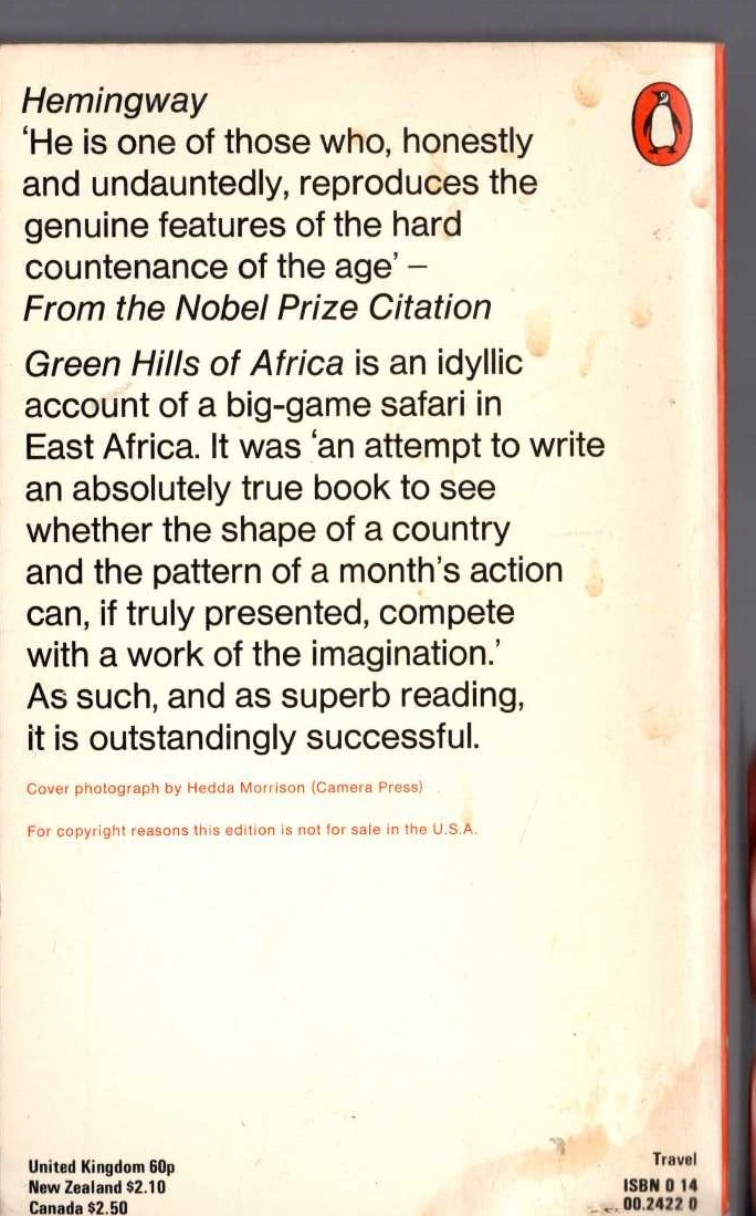 Ernest Hemingway  GREEN HILLS OF AFRICA magnified rear book cover image