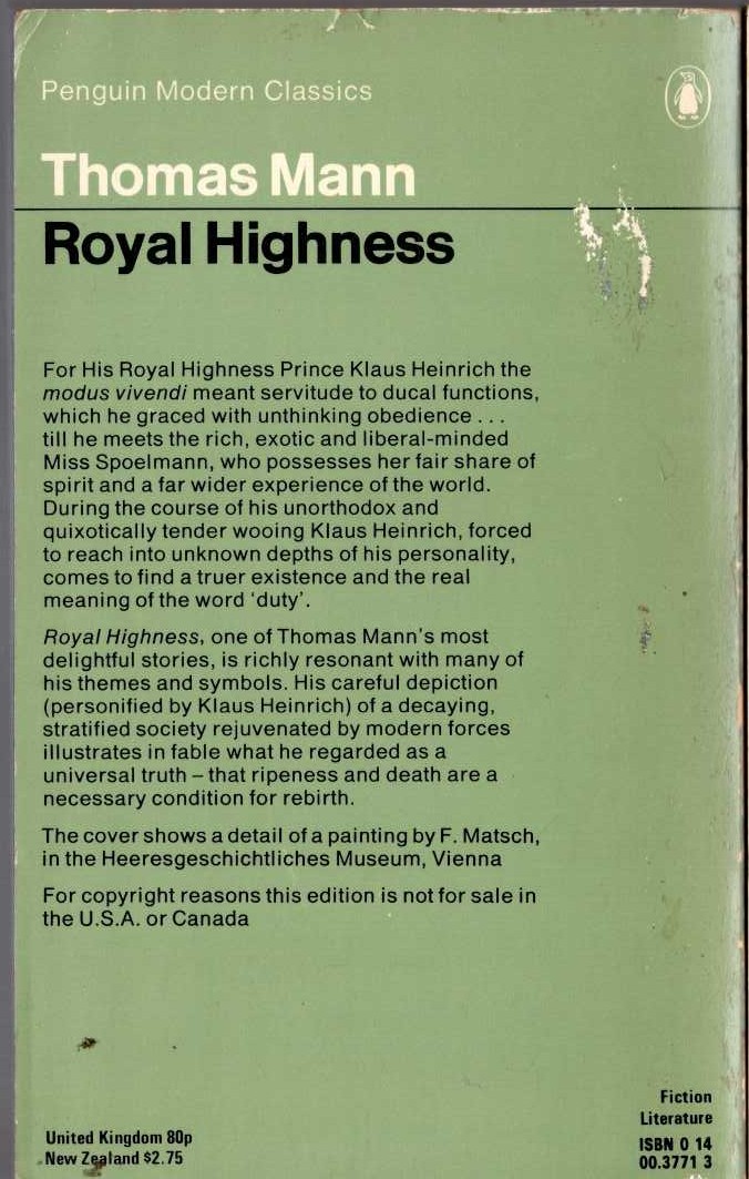 Thomas Mann  ROYAL HIGHNESS magnified rear book cover image