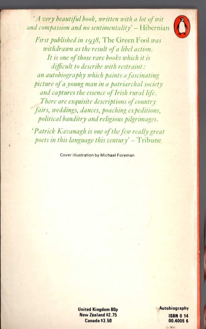 Patrick Kavanagh  THE GREEN FOOL magnified rear book cover image