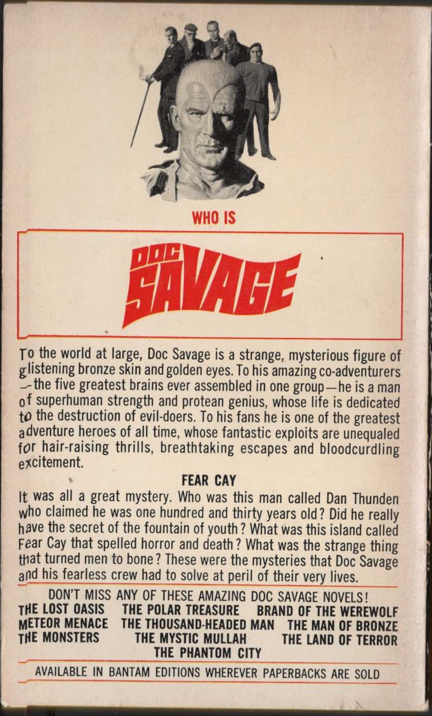 Kenneth Robeson  DOC SAVAGE: FEAR CAY magnified rear book cover image