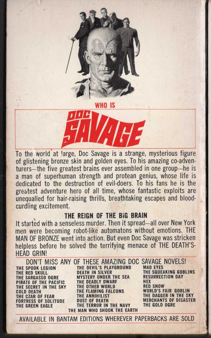 Kenneth Robeson  DOC SAVAGE: THE MEN WHO SMILED NO MORE magnified rear book cover image