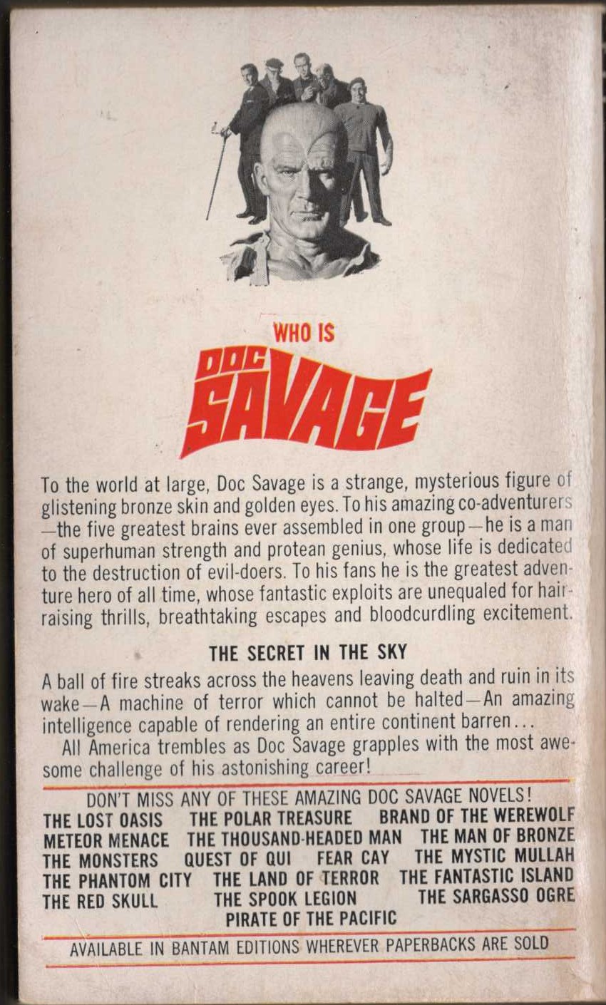 Kenneth Robeson  DOC SAVAGE: THE SECRET IN THE SKY magnified rear book cover image