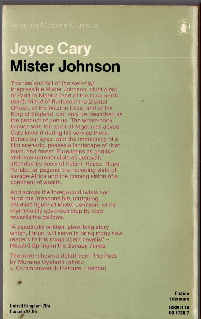Joyce Cary  MISTER JOHNSON magnified rear book cover image