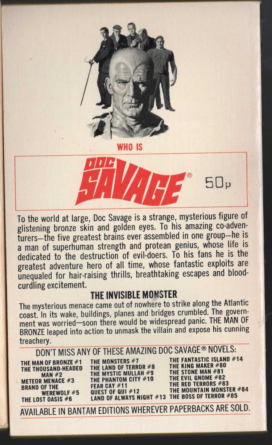 Kenneth Robeson  DOC SAVAGE: THE ANGRY GHOST magnified rear book cover image
