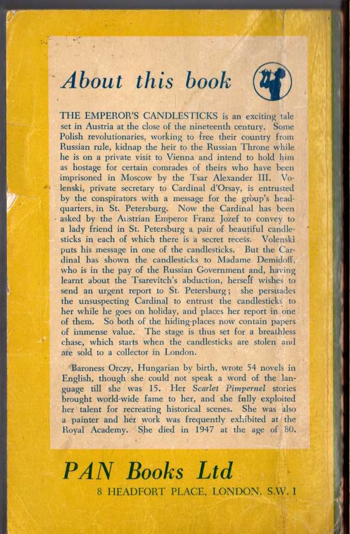 Baroness Orczy  THE EMPEROR'S CANDLESTICKS magnified rear book cover image