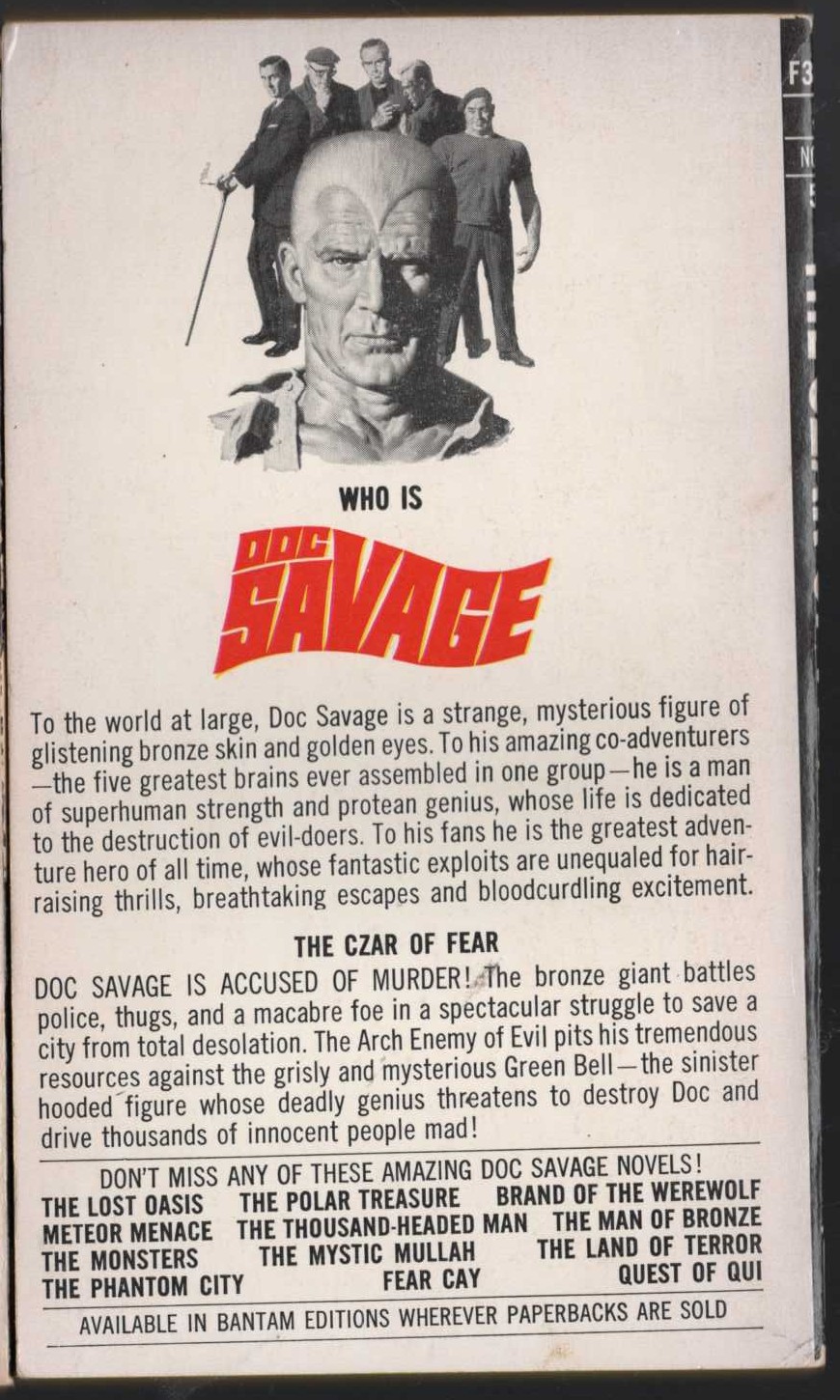 Kenneth Robeson  DOC SAVAGE: THE CZAR OF FEAR magnified rear book cover image