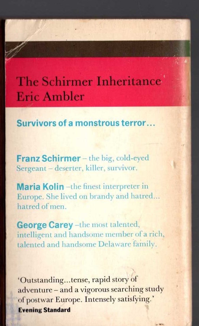 Eric Ambler  THE SCHIRMER INHERITANCE magnified rear book cover image