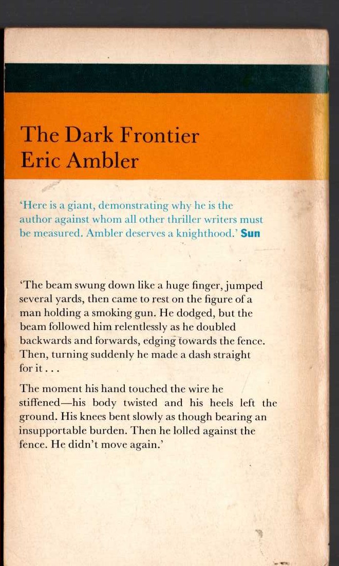 Eric Ambler  THE DARK FRONTIER magnified rear book cover image