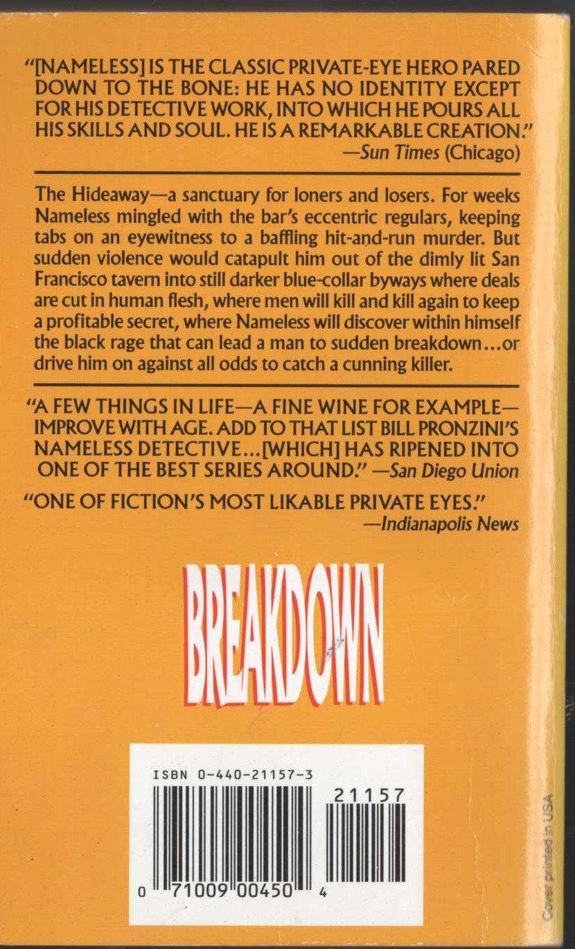 Bill Pronzini  BREAKDOWN magnified rear book cover image