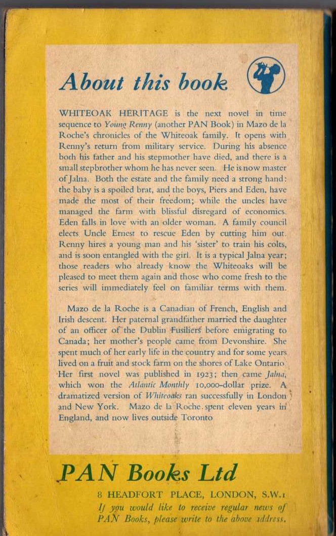 Mazo de la Roche  WHITEOAK HERITAGE magnified rear book cover image