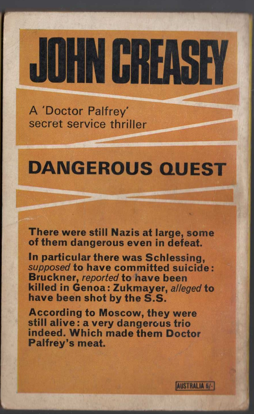 John Creasey  DANGEROUS QUEST (Doctor Palfrey) magnified rear book cover image