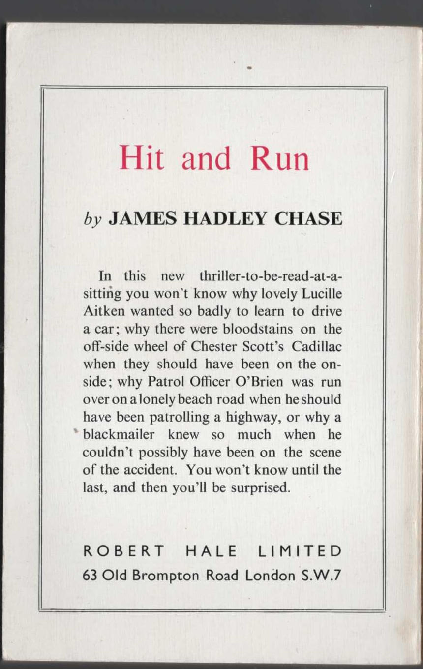 James Hadley Chase  HIT AND RUN magnified rear book cover image