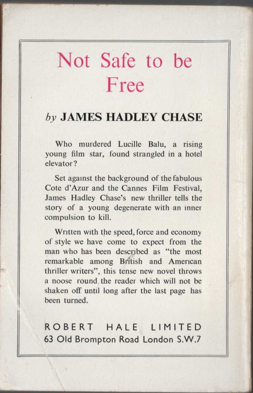 James Hadley Chase  NOT SAFE TO BE FREE magnified rear book cover image