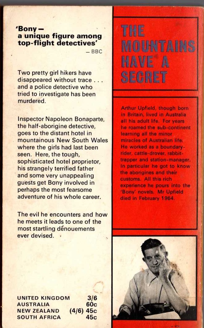 Arthur Upfield  THE MOUNTAINS HAVE A SECRET magnified rear book cover image