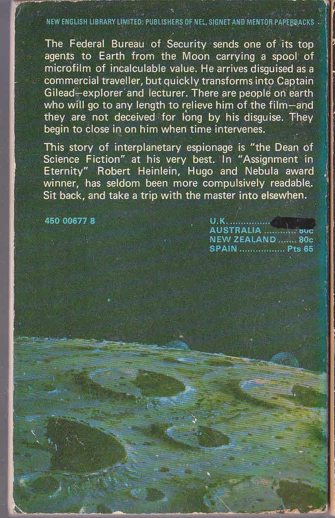 Robert A. Heinlein  ASSIGNMENT IN ETERNITY magnified rear book cover image