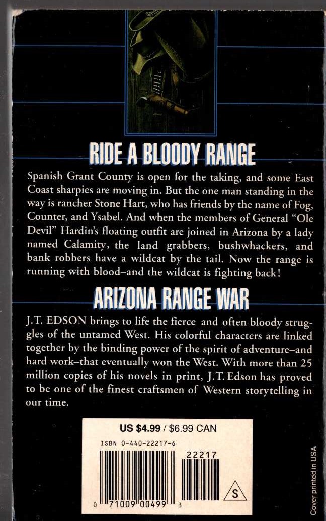 J.T. Edson  ARIZONA RANGE WAR magnified rear book cover image