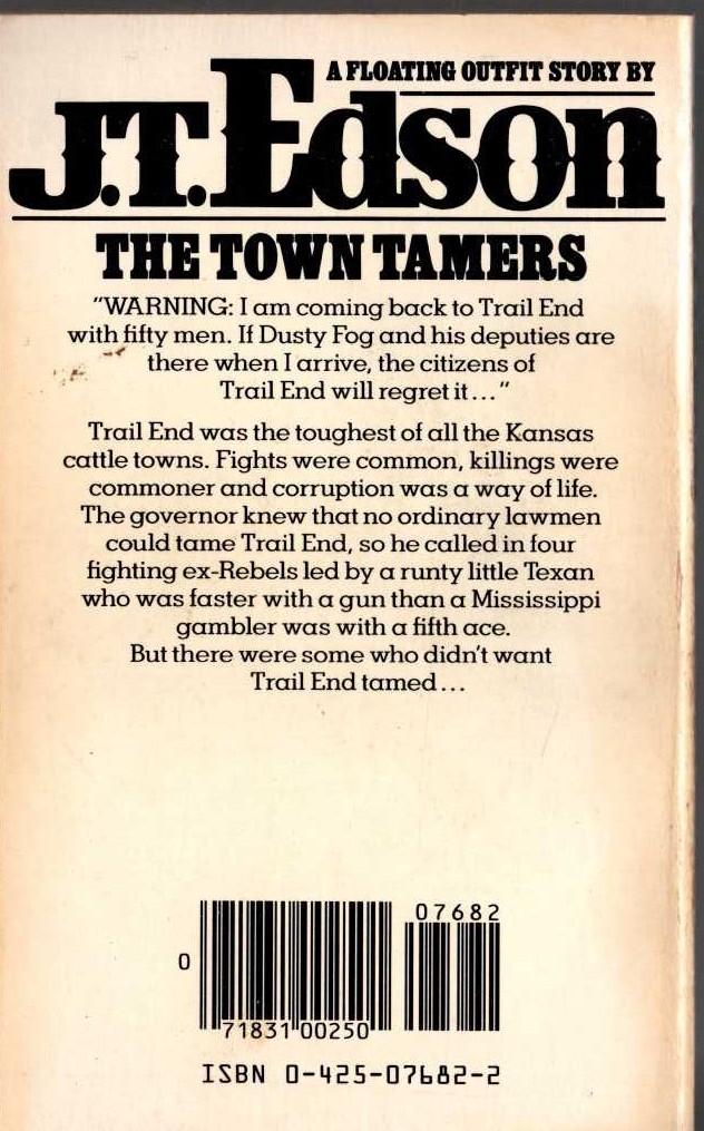 J.T. Edson  THE TOWN TAMERS magnified rear book cover image
