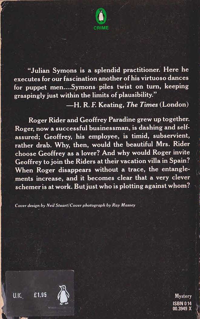 Julian Symons  THE PLOT AGAINST ROGER RIDER magnified rear book cover image