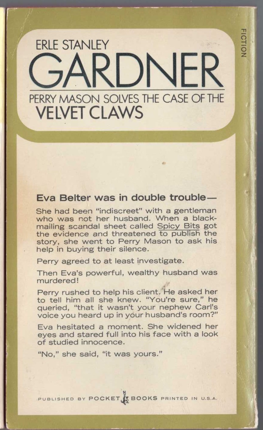 Erle Stanley Gardner  THE CASE OF THE VELVET CLAWS magnified rear book cover image