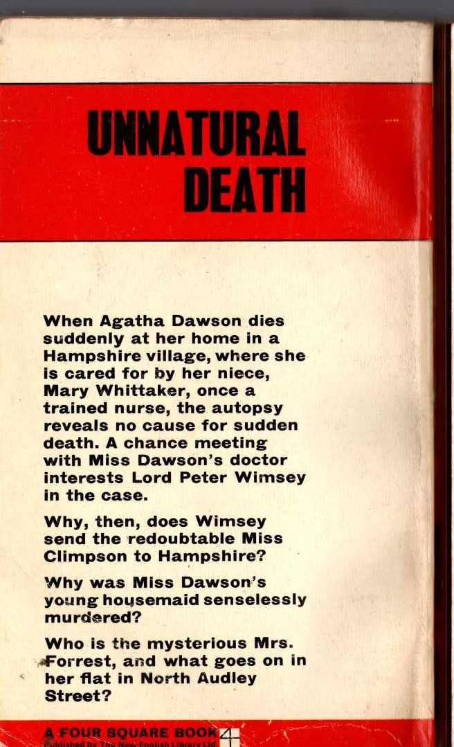 Dorothy L. Sayers  UNNATURAL DEATH magnified rear book cover image