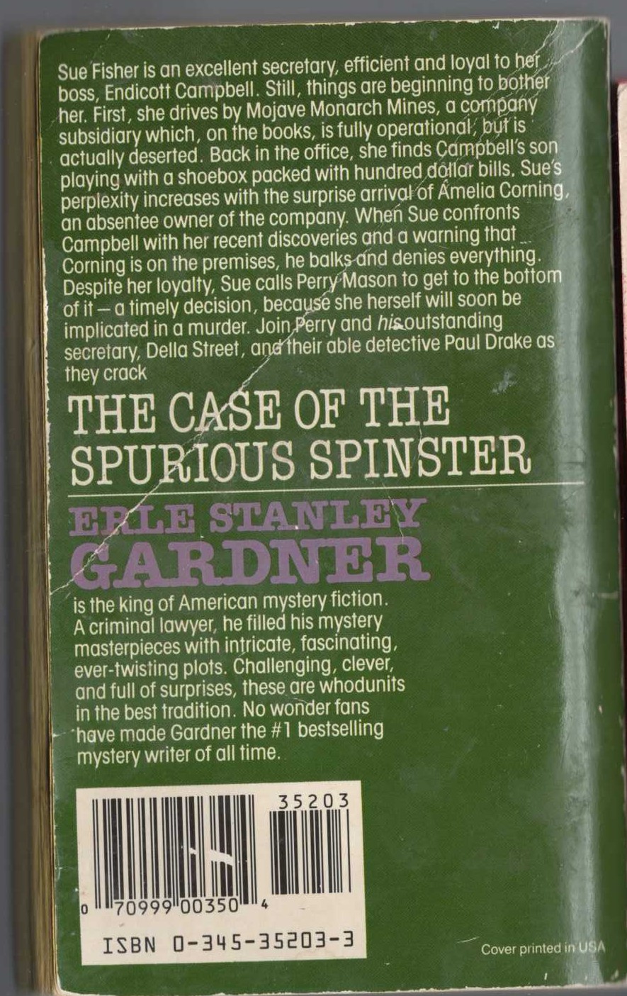 Erle Stanley Gardner  THE CASE OF THE SPURIOUS SPINSTER magnified rear book cover image