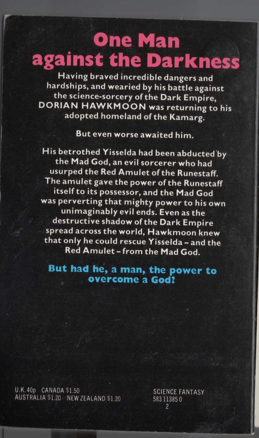 Michael Moorcock  THE MAD GOD'S AMULET magnified rear book cover image