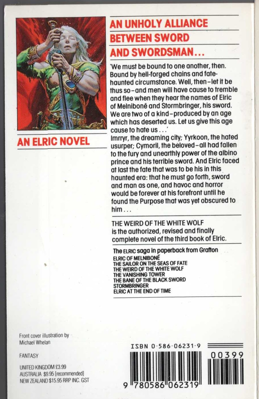 Michael Moorcock  THE WEIRD OF THW WHITE WOLF magnified rear book cover image