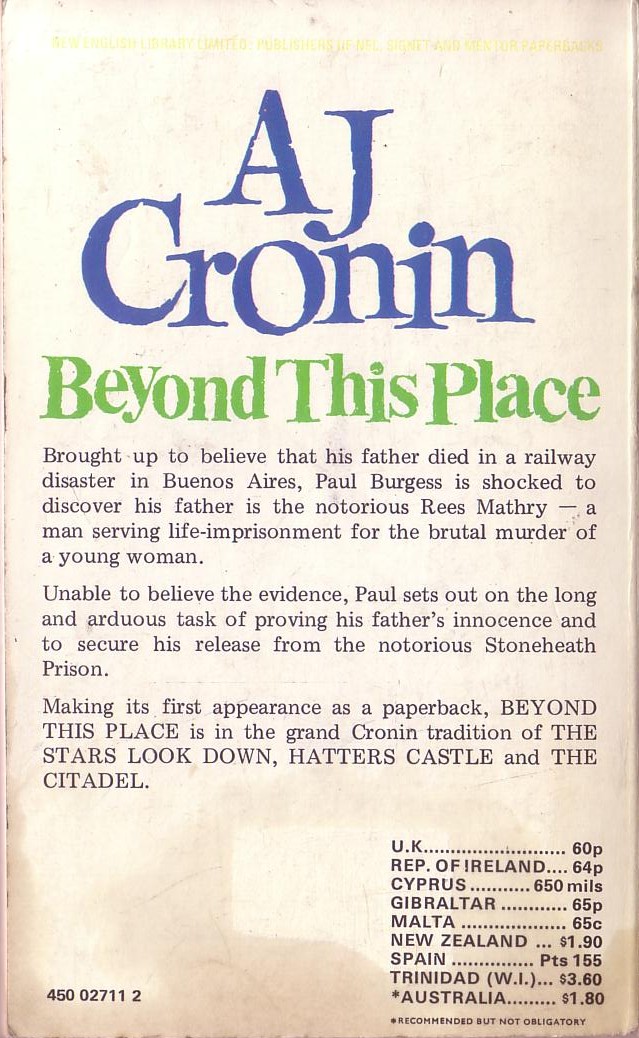 A.J. Cronin  BEYOND THIS PLACE magnified rear book cover image