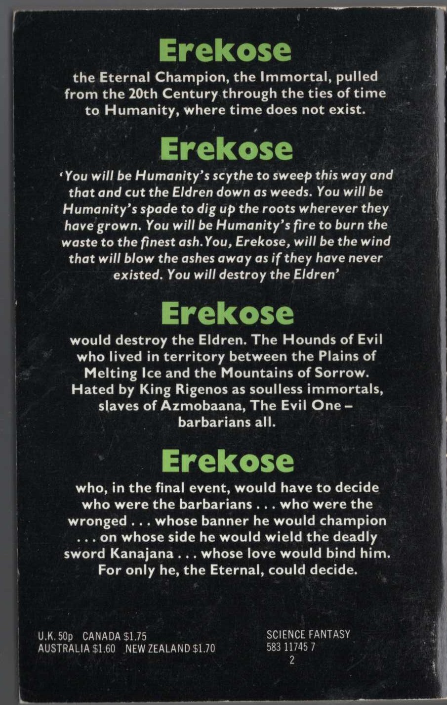 Michael Moorcock  THE ETERNAL CHAMPION magnified rear book cover image