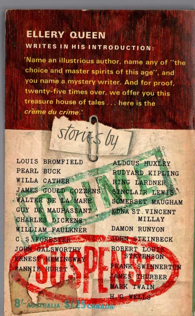 Ellery Queen (edit) ELLERY QUEEN'S BOOK OF MYSTERY STORIES by 25 Famous Writers magnified rear book cover image