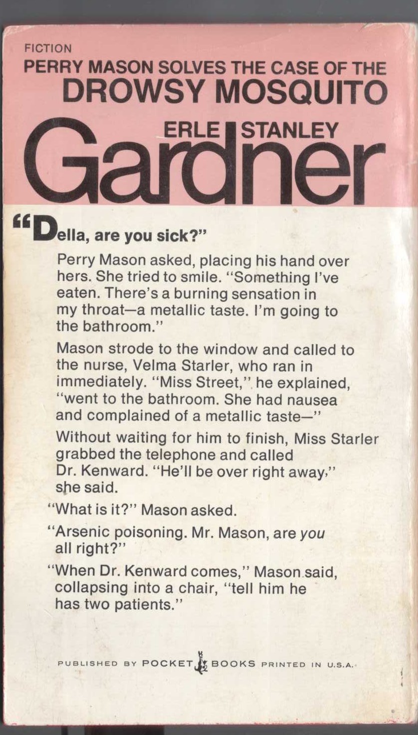 Erle Stanley Gardner  THE CASE OF THE DROWSY MOSQUITO magnified rear book cover image