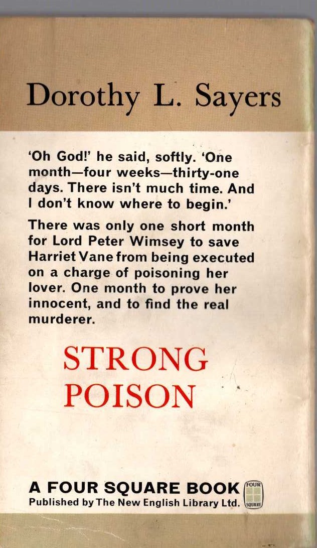 Dorothy L. Sayers  STRONG POISON magnified rear book cover image