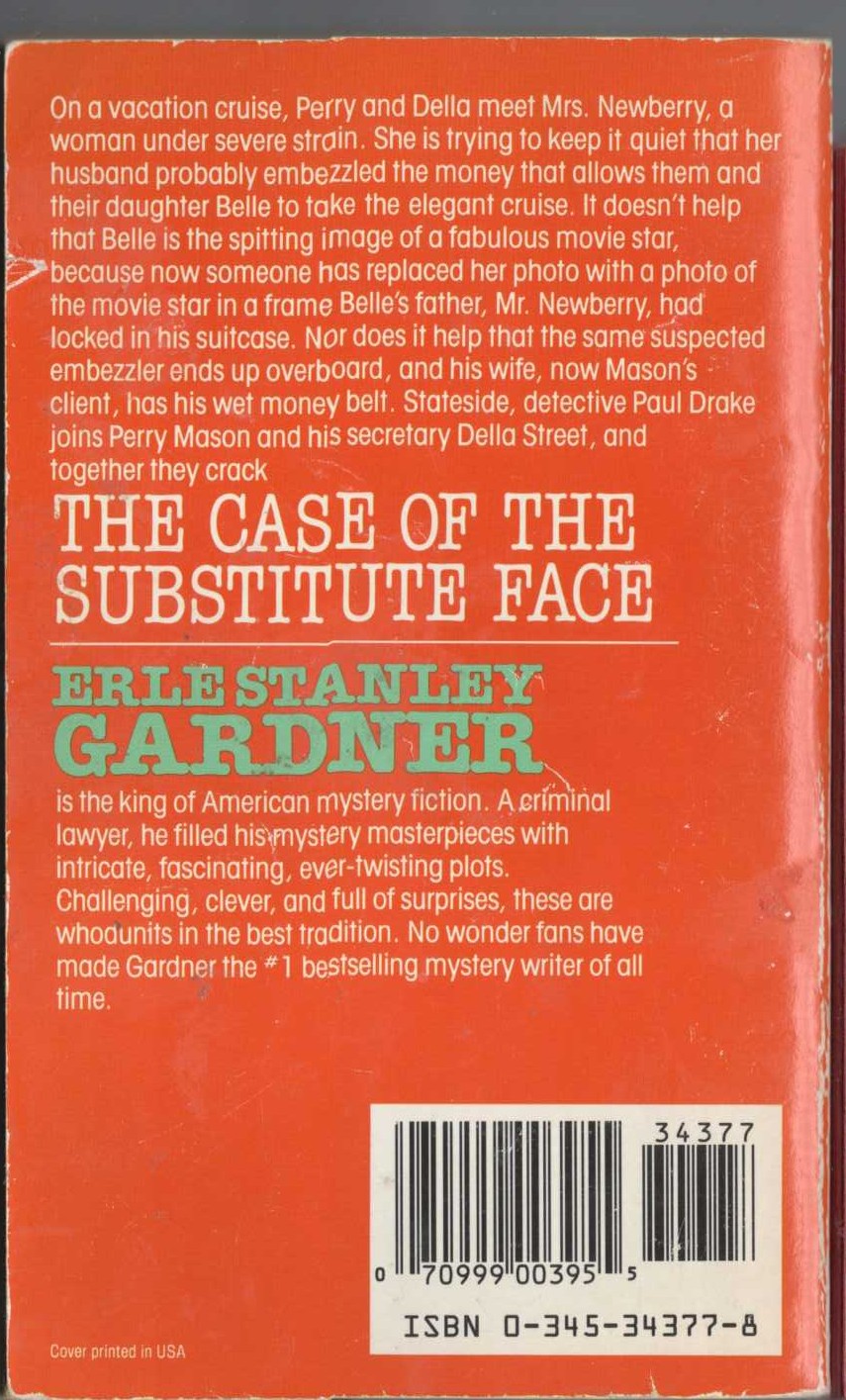 Erle Stanley Gardner  THE CASE OF THE SUBSTITUTE FACE magnified rear book cover image
