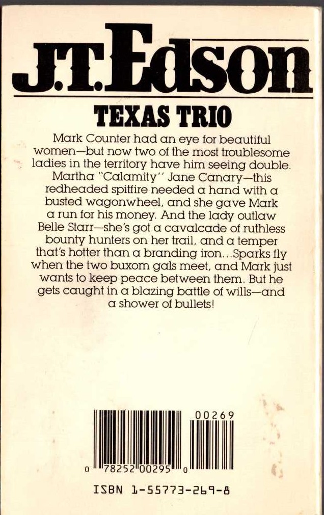 J.T. Edson  TEXAS TRIO magnified rear book cover image
