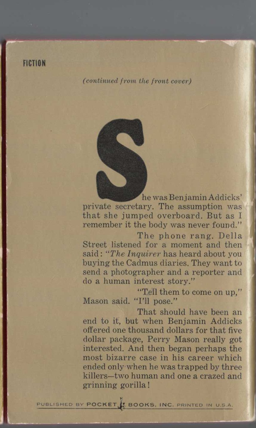 Erle Stanley Gardner  THE CASE OF THE GRINNING GORILLA magnified rear book cover image