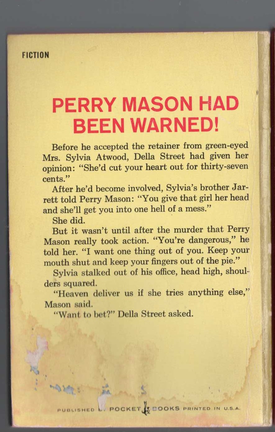 Erle Stanley Gardner  THE CASE OF THE GREEN-EYED SISTER magnified rear book cover image