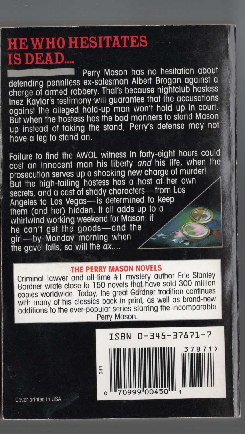 Erle Stanley Gardner  THE CASE OF THE HESITANT HOSTESS magnified rear book cover image