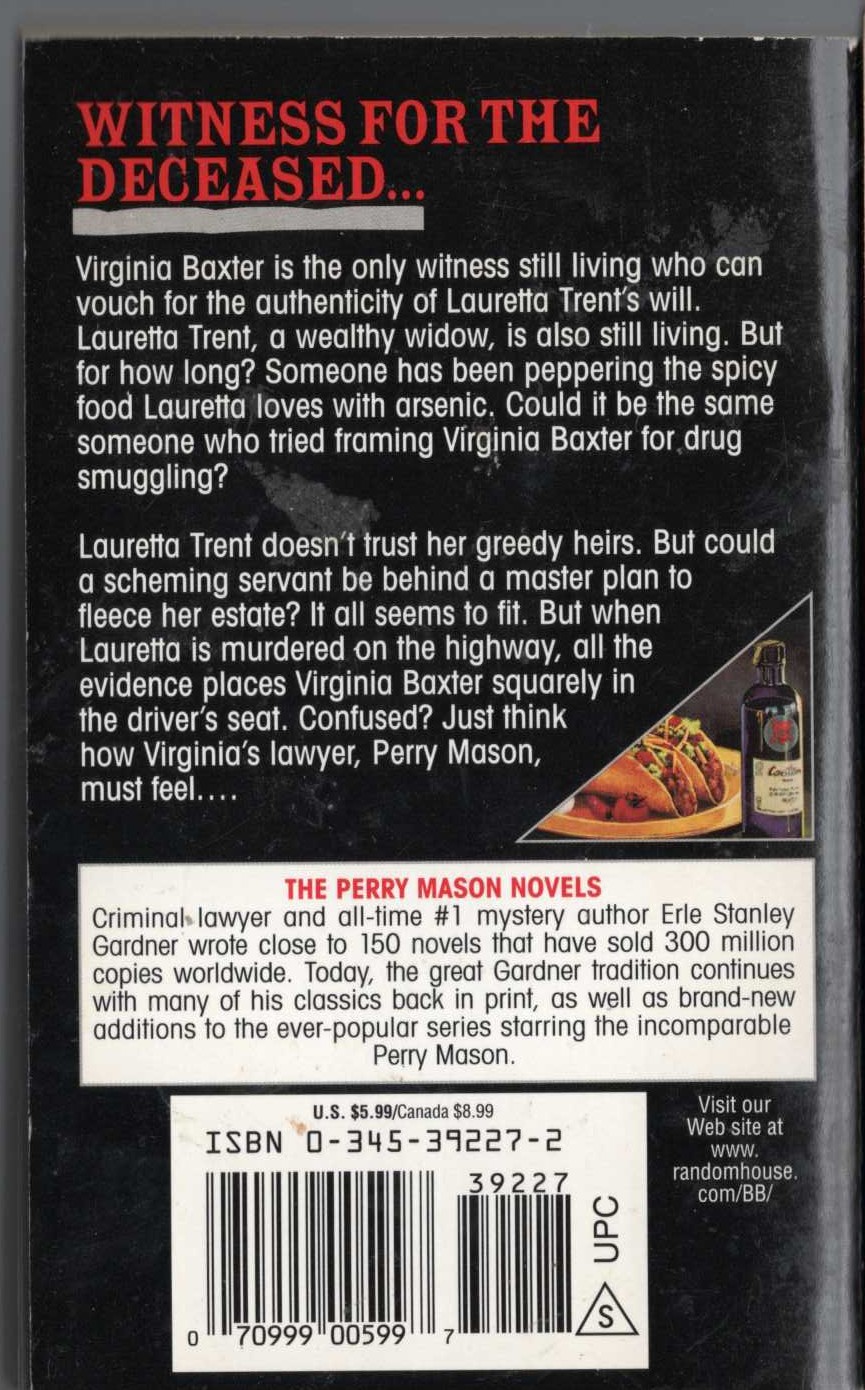 Erle Stanley Gardner  THE CASE OF THE HORRIFIED HEIRS magnified rear book cover image