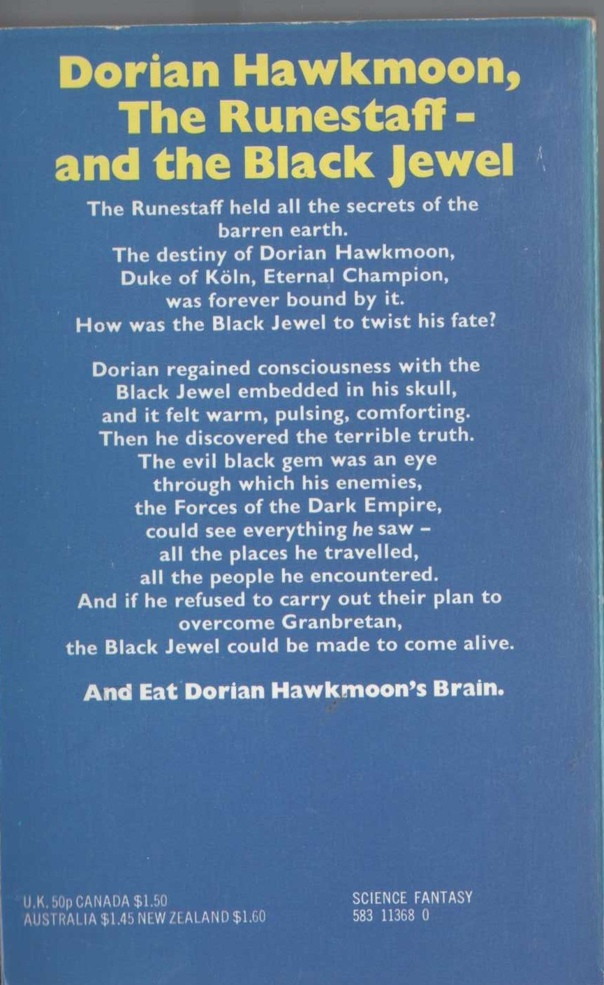 Michael Moorcock  THE JEWEL IN THE SKULL magnified rear book cover image