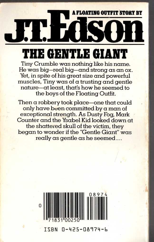 J.T. Edson  THE GENTLE GIANT magnified rear book cover image