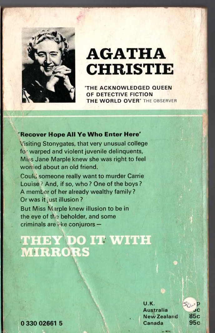Agatha Christie  THEY DO IT WITH MIRRORS magnified rear book cover image