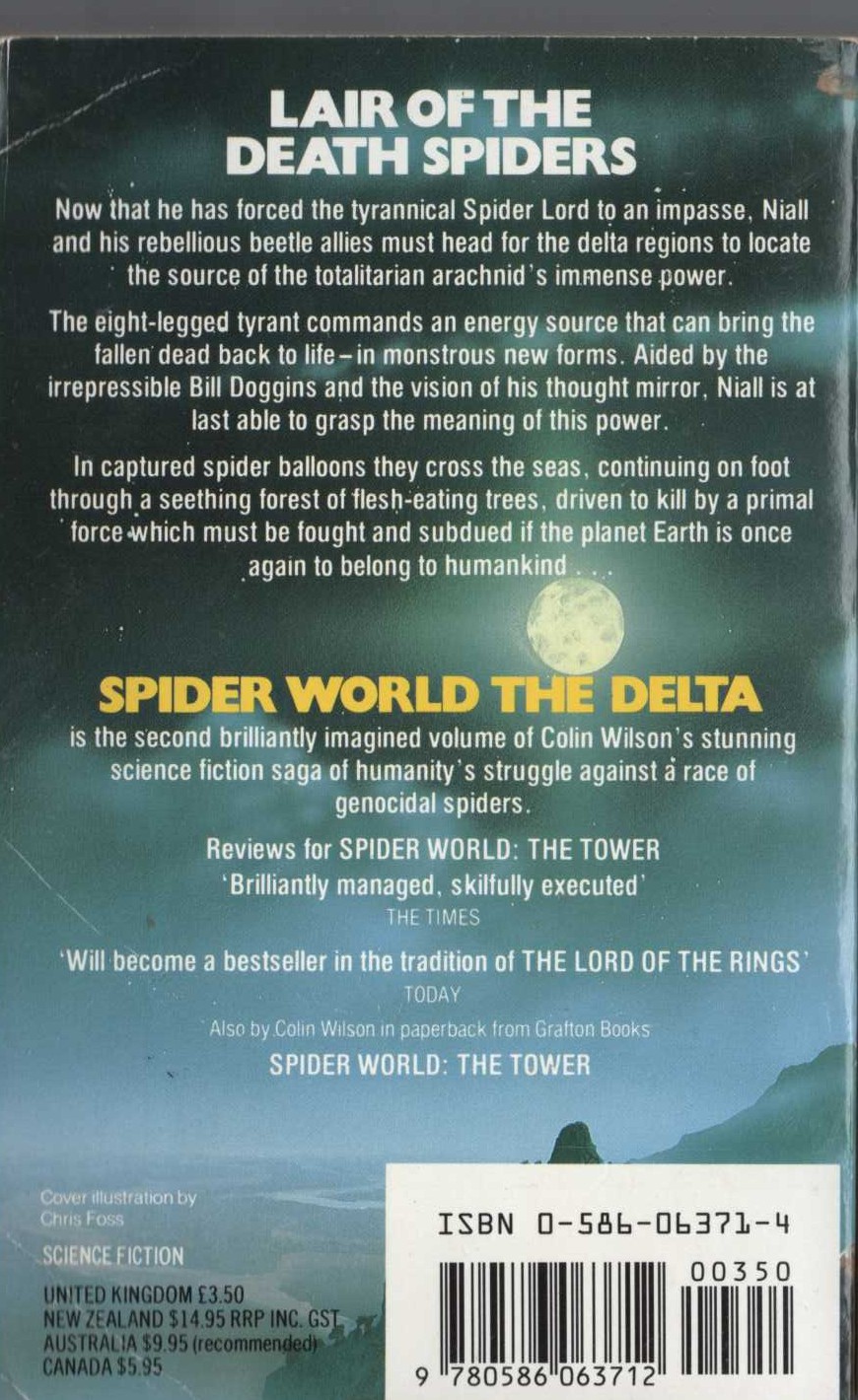 Colin Wilson  SPIDER WORLD: THE DELTA magnified rear book cover image