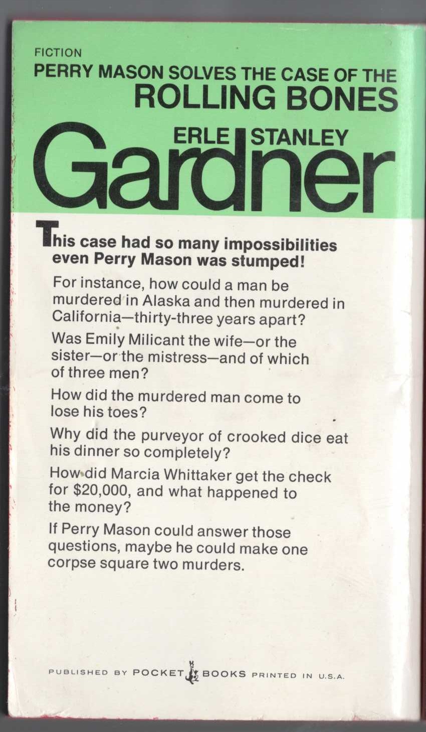 Erle Stanley Gardner  THE CASE OF THE ROLLING BONES magnified rear book cover image