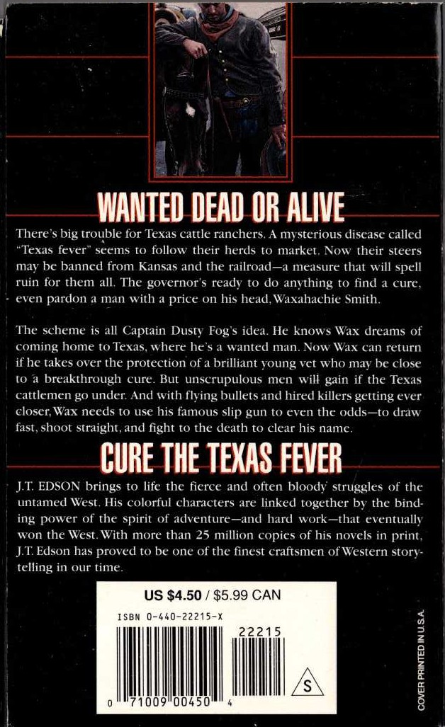J.T. Edson  CURE THE TEXAS FEVER magnified rear book cover image