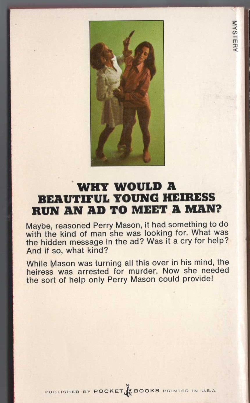 Erle Stanley Gardner  THE CASE OF THE LONELY HEIRESS magnified rear book cover image